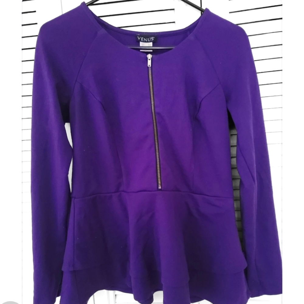 Purple long sleeve stretchy blouse with zip